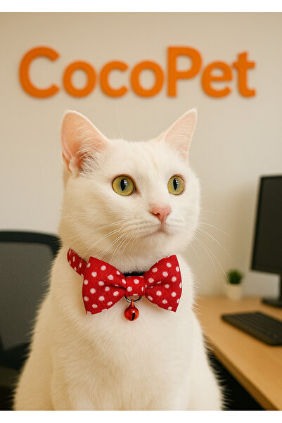 Cocopet Papyonlu Kedi Tasması Fiyonk Tasma Kırmızı Beyaz Puantiye Desenli 17-30 Cm Uyarı Zilli