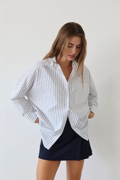 JASTE Cămașă oversize cu dungi pentru femei, albastru bleumarin, cu buzunar cu nasturi