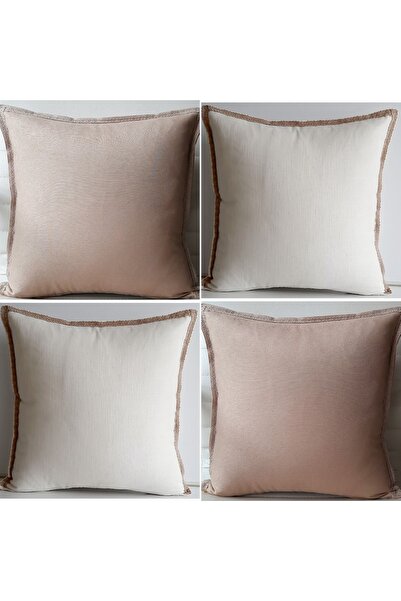 Fabric by Gülçin Pamuklu Koton Keten Düz Krem-Kahve Vizon Renk Dantel Biyeli 4'lü Kırlent Kılıfı Set