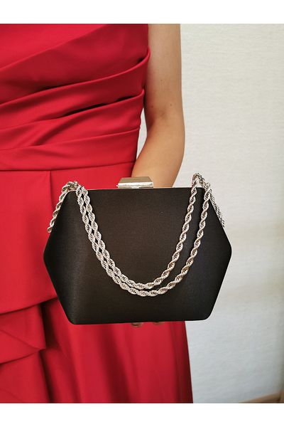 NAZART Women's Satin Black Evening Dress Clutch Chain Strap Hand Wedding Engagement Night Shoulder Bag