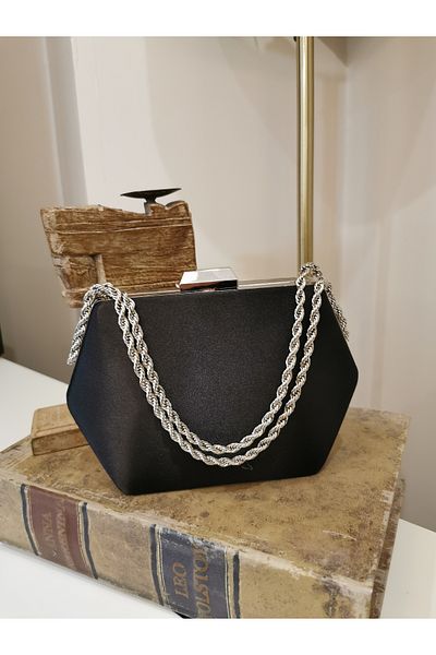 NAZART Women's Satin Black Evening Dress Clutch Chain Strap Hand Wedding Engagement Night Shoulder Bag