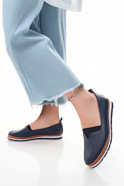 Deripabuc Genuine Leather Navy Blue Women's Leather Ballerinas Dp16-0075