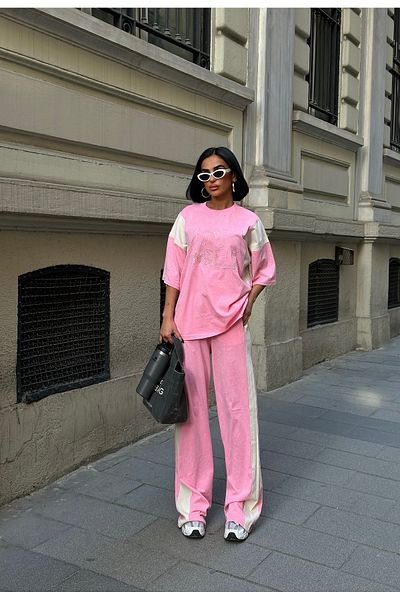 Bliss Women's Paris Short Sleeve Comfortable Fit Bottom Top Pink Tracksuit Set