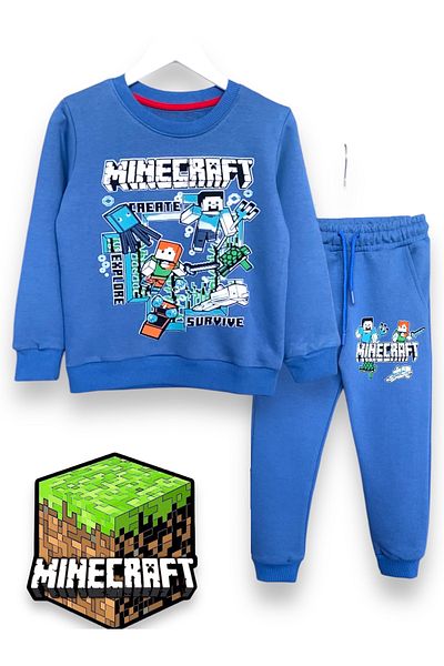 LİTTLE TORTOİSE Minecraf Printed Combed Cotton Fabric Boy's T-Shirt - Shorts Set