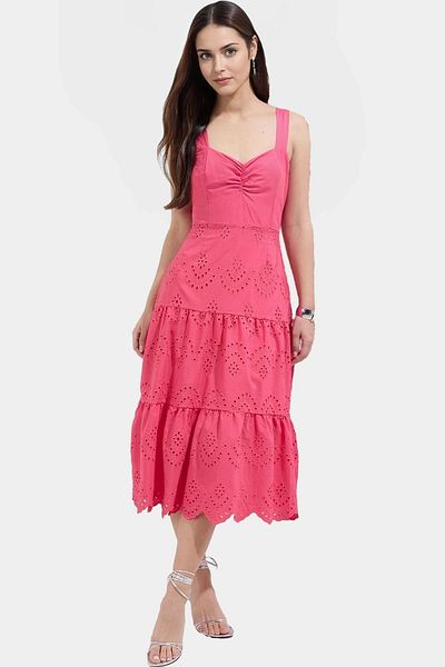 PayBuy Summer Brode Woven Midi Dress Skater Pattern Sleeveless Daily Comfortable and Stylish Perfect Fit