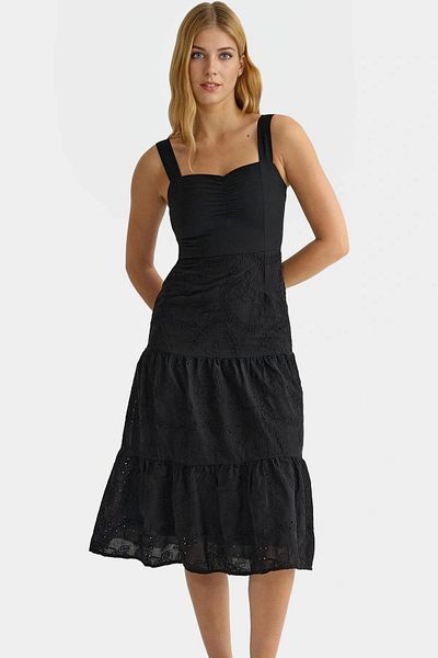 PayBuy Summer Brode Woven Midi Dress Skater Pattern Sleeveless Daily Comfortable and Stylish Perfect Fit