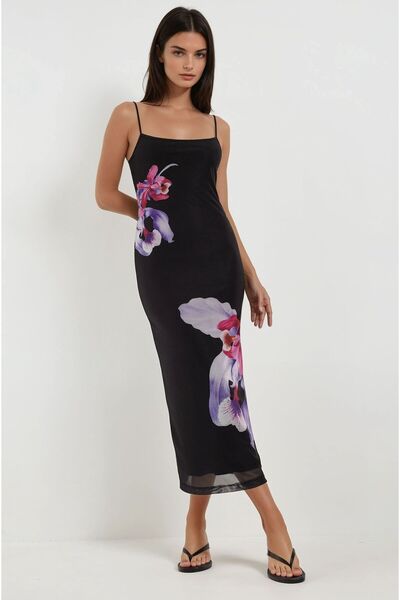 Hiccup Askılı Çiçekli Bodycon Maxi Elbise