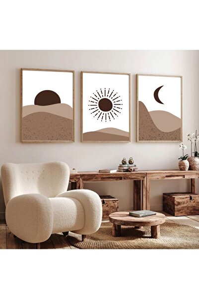 Dekorsiahome Ahşap Çerçeveli Minimalist 3lü Dekoratif Soyut Tablo Seti Kahverengi Güneş