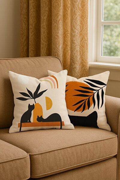 Leolife Bohemian Cat Patterned Bohemian Style Digital Printing Set of 2 Throw...