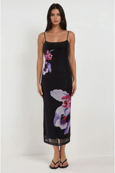 Hiccup Askılı Çiçekli Bodycon Maxi Elbise