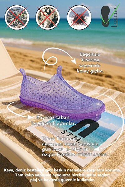 İmerShoes Günlük Unisex Simli Lila Deniz Ayakkabısı Kaymaz Dayanıklı Taban Havuz Plaj Rafting Sandaleti 130