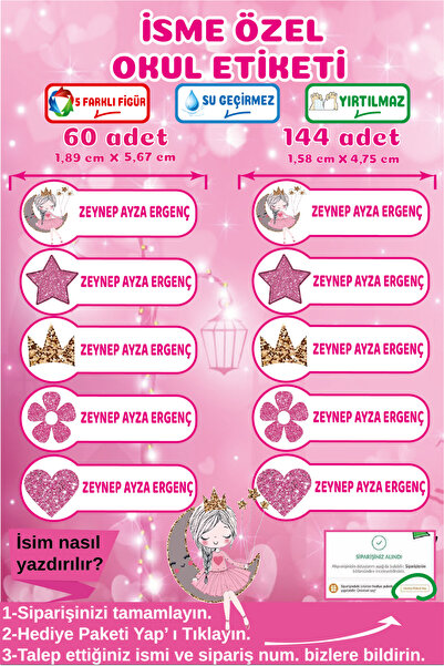 Ayza Tasarım İsme Özel Su Geçirmez Okul Etiketi Sticker Kişiye Özel Kız Çocuk...