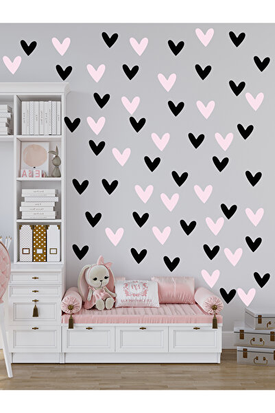 MAARS Şirin Pembe Siyah Kalpler Çocuk odası sticker 96 adet 4 cm