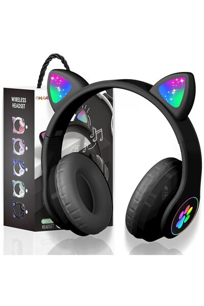 Genel Markalar Siyah Stn28 Kablosuz Bluetooth 5.0 Led Işıklı Kedili Şık Kulaklık Hediye Fm