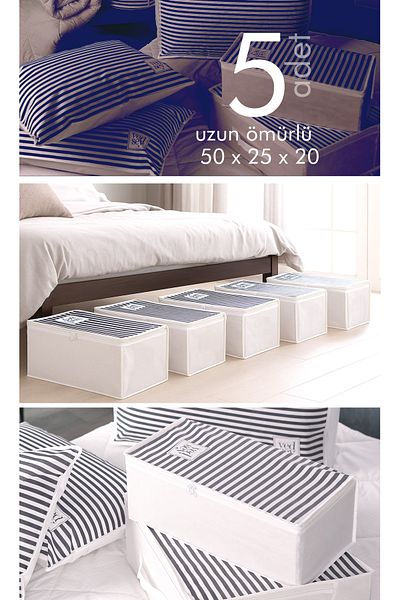 Vedsey Home Organizer Set of 5 Medium Size Dark Blue Striped Bed Frame and under Bed - Clothes Organizer
