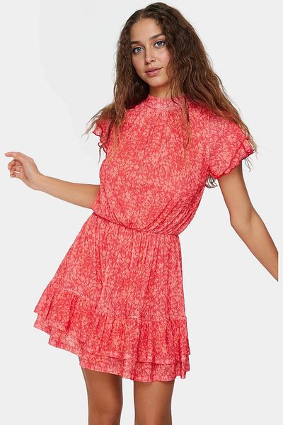 PayBuy Floral Mini Dress Lined Short Sleeve Stand Collar Polyester Summer Durable Material
