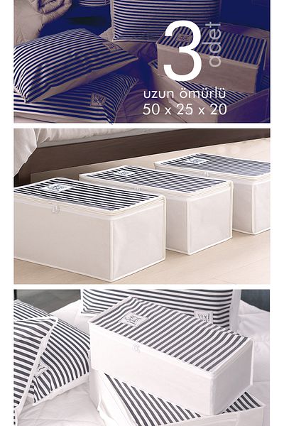 Vedsey Home Organizer Organizator de haine cu dungi albastru bleumarin - set de 3 dimensiuni medii 50x25x20 cm bază de depozitare și canapea extensibilă
