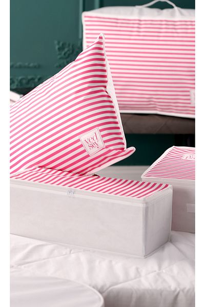 Vedsey Home Organizer Σετ 3 Βάση κρεβατιού μεσαίου μεγέθους 50x25x20 cm & κάτω από τον καναπέ-κρεβάτι, οργανωτής ρούχων, ροζ ριγέ