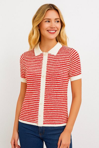 Noi Belis Red Striped Polo Neck Summer Blouse Ss25Bz0005