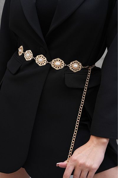 Desre Moda Pearl Detailed Gold Chain Belt Dress Belt Shirt Belt Jacket Belt