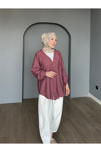 ensade Modal Fabric V-Neck Buttoned Hijab Women's Shirt