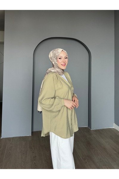 ensade مشروط النسيج الخامس الرقبة زر قميص المرأة الحجاب