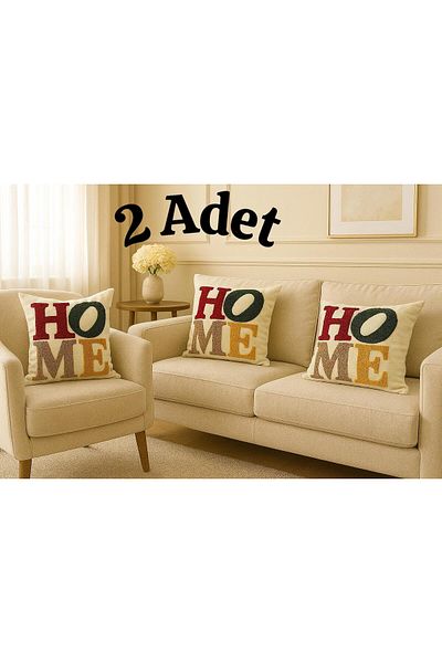 HD HOME COLLECTİON Linen Fabric (2 Pieces) Home Pattern Embroidered Punch Throw Pillow Cover (Punch)