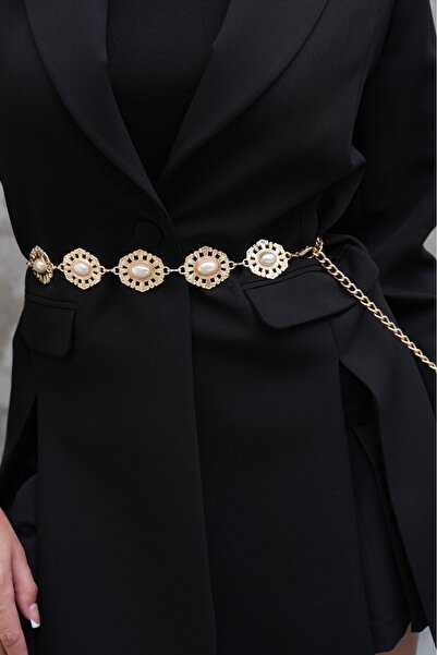 Desre Moda Pearl Detailed Gold Chain Belt Dress Belt Shirt Belt Jacket Belt