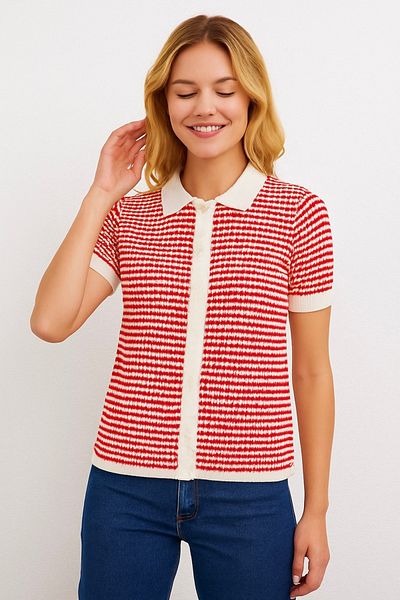 Noi Belis Red Striped Polo Neck Summer Blouse Ss25Bz0005