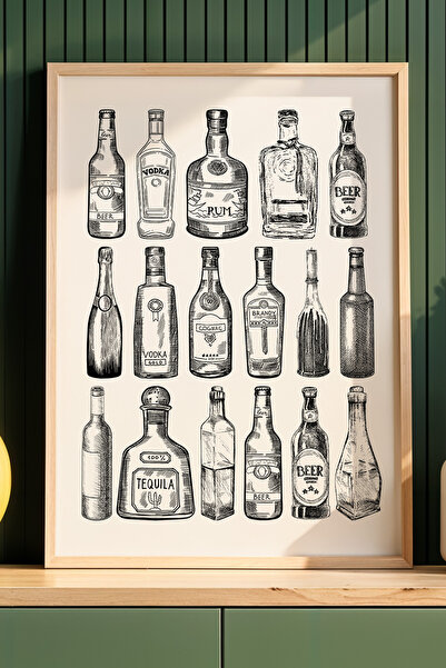 HİGUERA Μπουκάλια Αλκοόλ Σκίτσο Σχέδιο Μπαρ Πίνακας Κουζίνας Τοίχου με Φυσικό...