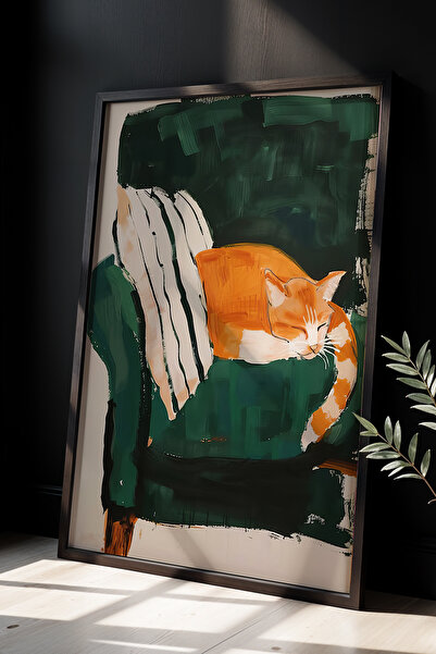 HİGUERA Πίνακας τοίχου με φυσικό ξύλινο πλαίσιο Deep Sleep Orange Cat