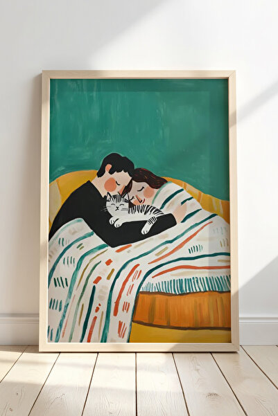 HİGUERA Cat Family Warmth Cute Home Decor Πίνακας με φυσικό ξύλινο πλαίσιο