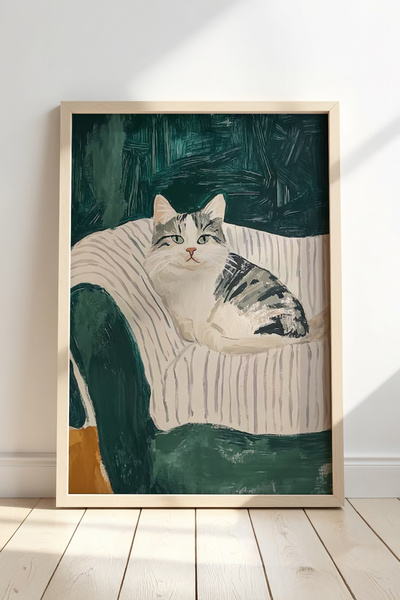 HİGUERA Χαριτωμένη λευκή γκρι γάτα σε παστέλ χρώματα Πίνακας τοίχου με φυσικό...