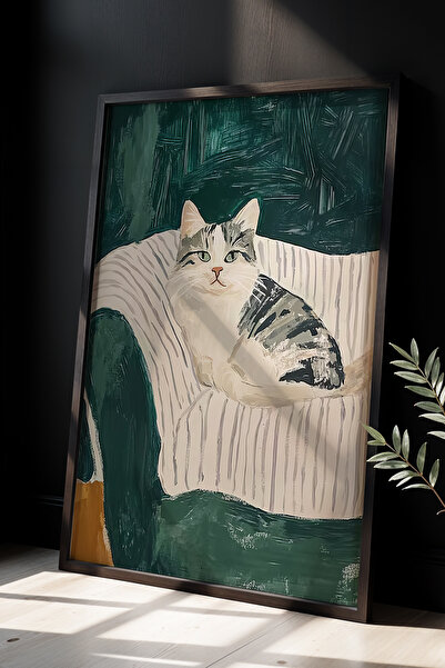 HİGUERA Χαριτωμένη λευκή γκρι γάτα σε παστέλ χρώματα Πίνακας τοίχου με φυσικό...