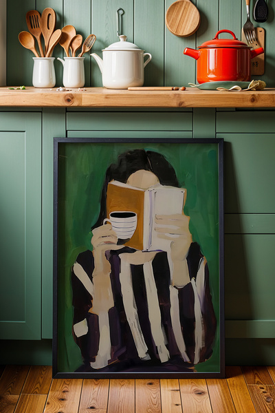 HİGUERA Kitap ve Kahve ile Keyifli Anlar KTB Doğal Ahşap Çerçeveli Mutfak Duvar Tablosu