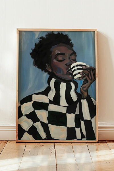 HİGUERA Ζωγραφική τοίχου με θέμα το Hot Coffee Enjoyment με φυσικό ξύλινο πλα...