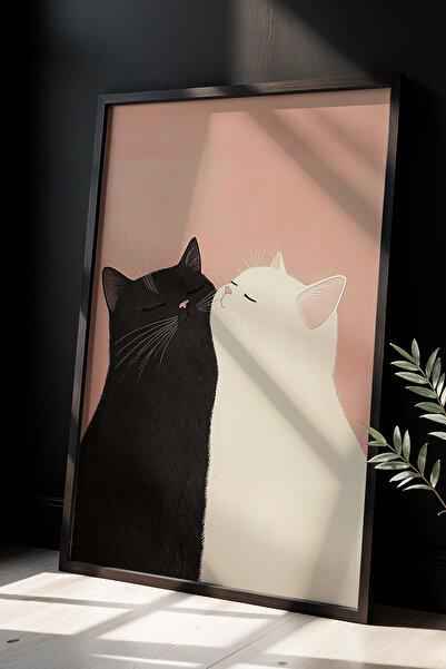 HİGUERA Μαύρες Λευκές Γάτες - Χαριτωμένο Πίνακα Μίνιμαλ Φυσικό Ξύλινο Πλαίσιο