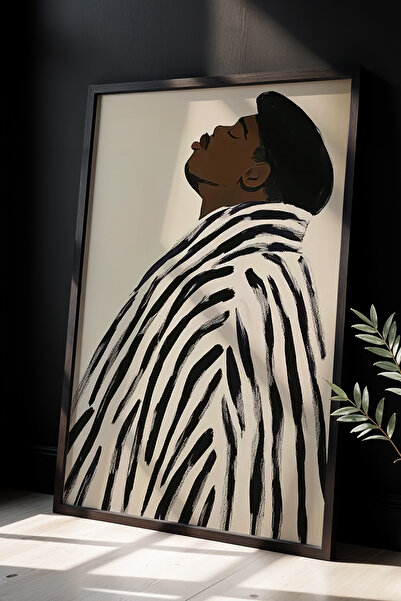 HİGUERA Κομψό Πορτραίτο Σχέδιο Μαύρο Λευκό Κάθετες Ρίγες Πίνακας με Φυσικό Ξύ...