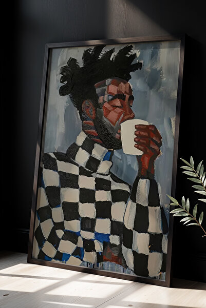 HİGUERA Ζωγραφική τοίχου με θέμα το Hot Coffee Enjoyment με φυσικό ξύλινο πλα...