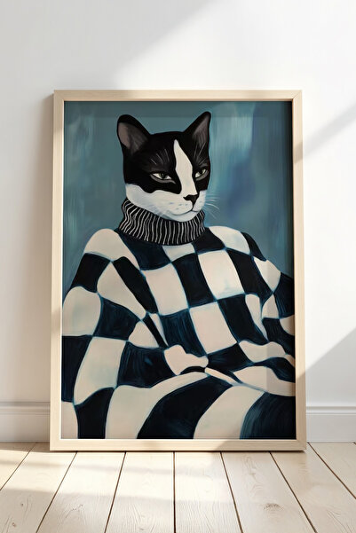 HİGUERA Μοντέρνο τετράγωνο μοτίβο πουλόβερ Γάτα Φυσικό ξύλινο πλαίσιο Ζωγραφι...