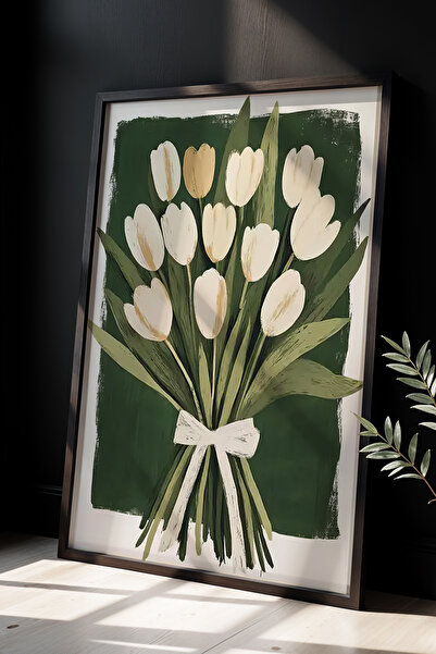 HİGUERA White Tulip Bouquet Κομψή διακόσμηση τοίχου Πίνακας με φυσικό ξύλινο ...