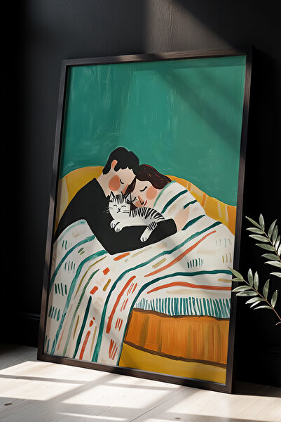 HİGUERA Cat Family Warmth Cute Home Decor Πίνακας με φυσικό ξύλινο πλαίσιο