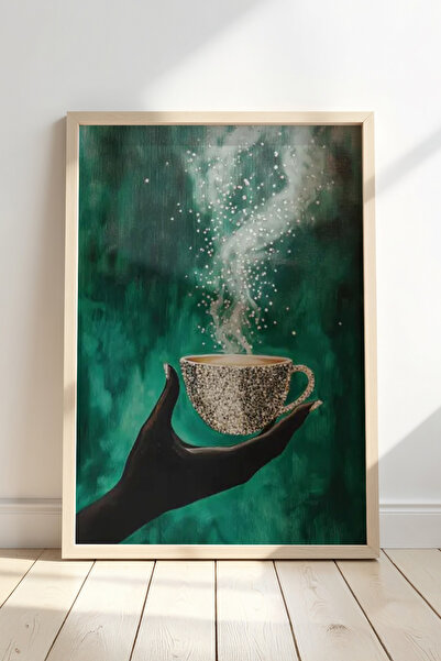 HİGUERA Renkli Kristal İşlemeli Taş Geometrik Fincan Detaylı Doğal Ahşap Çerç...