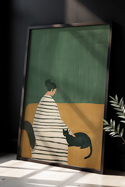 HİGUERA Γάτα και γυναίκα Καλλιτεχνική ζωγραφική τοίχου με φυσικό ξύλινο πλαίσιο