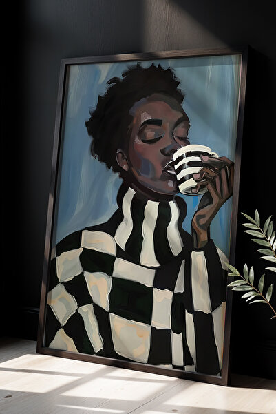 HİGUERA Ζωγραφική τοίχου με θέμα το Hot Coffee Enjoyment με φυσικό ξύλινο πλα...