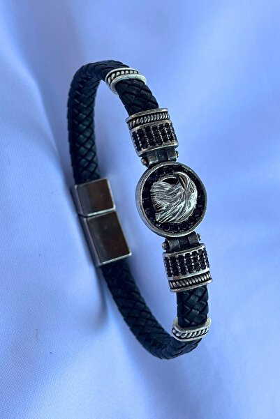 Begondio Genuine Leather Men's Bracelet Made with Eagle Zircon Stone Round Ha...