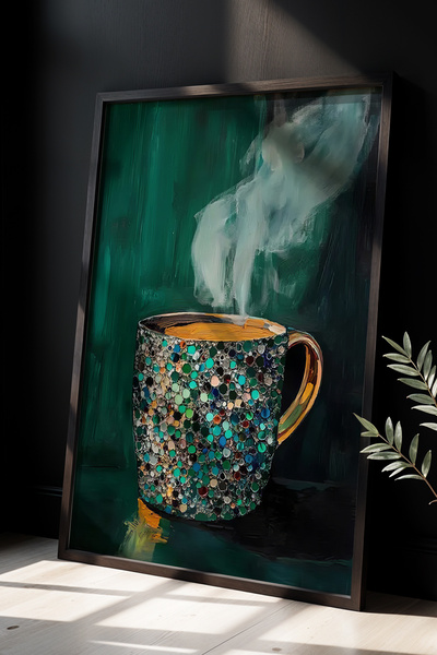 HİGUERA Dumanlı Kahve Fincanı Konseptli Modern Sanat Dokunuşu Doğal Ahşap Çerçeveli Tablo