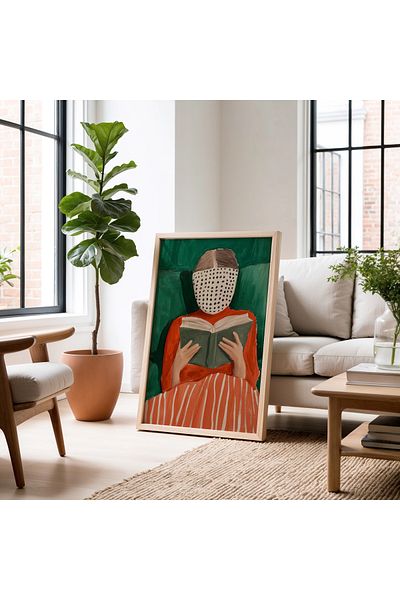 HİGUERA Femeie minimalistă verde citind o carte Pictură murală cu cadru din lemn natural