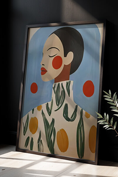 HİGUERA Γυναικείο πορτρέτο με βοτανικό σχέδιο μπλε φόντο, ζωγραφική με φυσικό...