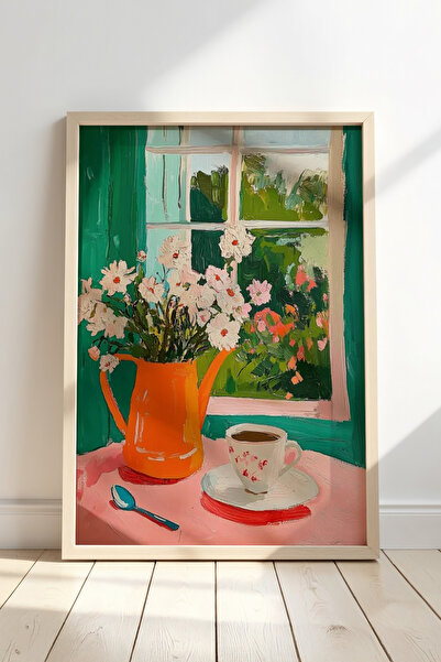 HİGUERA Bahar Penceresi ve Çiçekler Temalı Doğal Ahşap Çerçeveli Duvar Tablosu